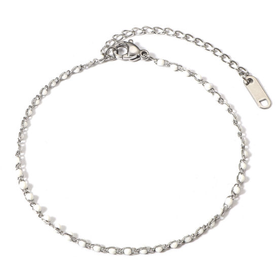 Image de Bracelets En Gros Argent Mat en 304 Acier Inoxydable, Blanc Émail Chaîne Maille Jaseron Revêtement sous Vide PVD Respectueux de l'Environnement, aux Femmes À la Mode Cadeau Fournitures de Bijoux 18.5cm long, Taille de la Chaîne: 2mm, 1 Pièce