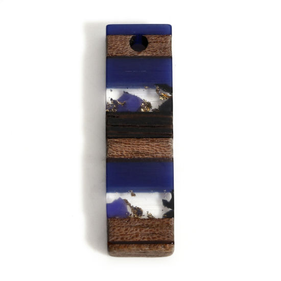 Image de 2 Pcs Breloques Résine à Effet de Bois Naturel Bleu Foncé Rectangle Rayées à Strass Graviers 29.5mm x 8mm