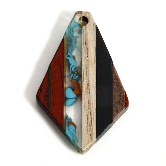 Image de 2 Pcs Pendentifs Résine à Effet de Bois Naturel Bleu-Vert Quadrilatère Rayées à Strass Graviers 3.3cm x 2cm