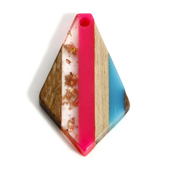 Image de 2 Pcs Pendentifs Résine à Effet de Bois Naturel Bleu & Fuchsia Quadrilatère Rayées 3.3cm x 2cm