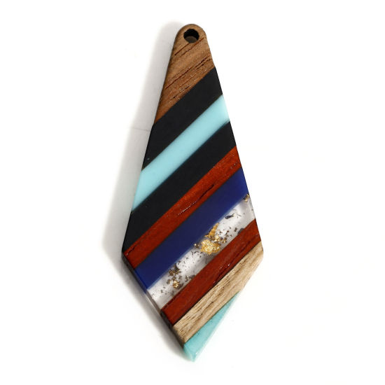 Image de 2 Pcs Pendentifs Résine à Effet de Bois Naturel Bleu Quadrilatère Rayées à Strass Graviers 5.3cm x 2.2cm