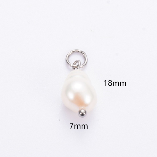 Picture of 2 PCs Eco-friendly 304 Stainless Steel & Natural Pearl Charms Silver Tone Baroque 18mm x 7mm