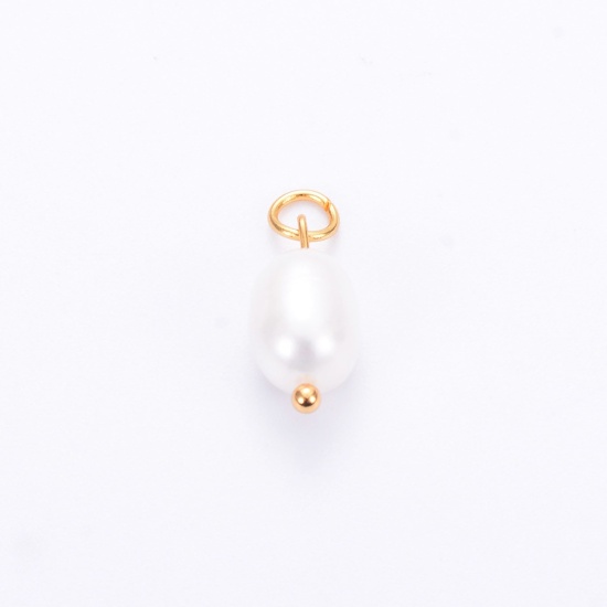 Picture of 2 PCs Vacuum Plating 304 Stainless Steel & Natural Pearl Charms Gold Plated Baroque 18mm x 7mm