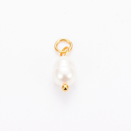 Picture of 2 PCs Vacuum Plating 304 Stainless Steel & Natural Pearl Charms Gold Plated Baroque 19mm x 8mm