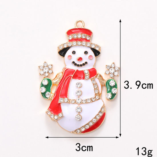 1 個 亜鉛合金 クリスマス ペンダント KC金メッキ レッド + 緑 クリスマス雪だるま 透明ラインストーン エナメル 3.9cm x 3cm の画像