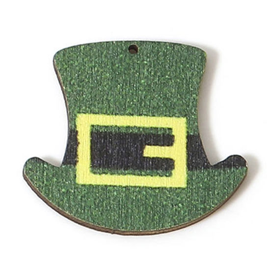 Image de 10 Pcs Pendentifs Fête de la St Patrick en Bois Naturel Vert Chapeau 3.5cm x 3.1cm