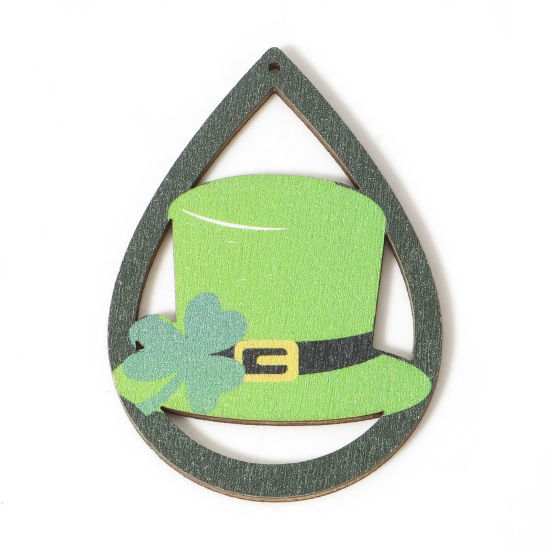 Image de 10 Pcs Pendentifs Fête de la St Patrick en Bois Naturel Vert Goutte d'Eau Chapeau 5.8cm x 4.1cm