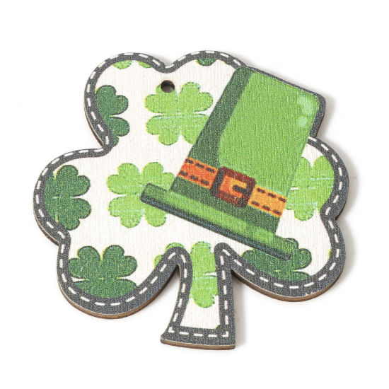 Image de 10 Pcs Pendentifs Fête de la St Patrick en Bois Naturel Vert Trèfle Chapeau 5cm x 5cm