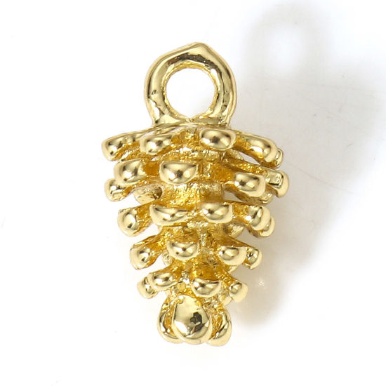 Image de 1 Pièce Breloques en Laiton Pomme de pin Plaqué Or Véritable 18K 3D 13mm x 8mm
