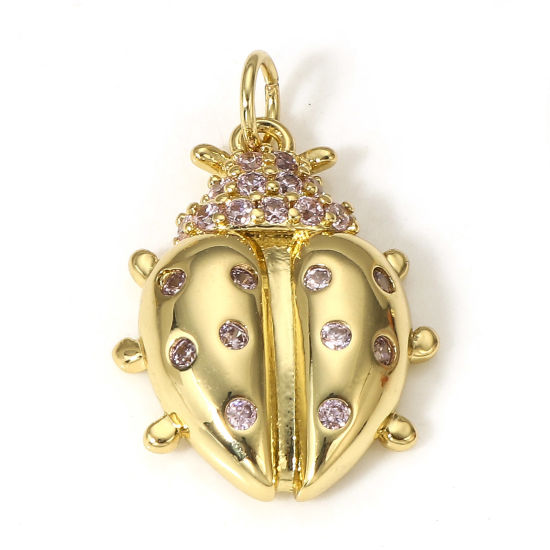 Image de 1 Pièce Breloques Insecte en Laiton Coccinelle Plaqué Or Véritable 18K à Zircone Cubique Rose Clair 24mm x 15mm