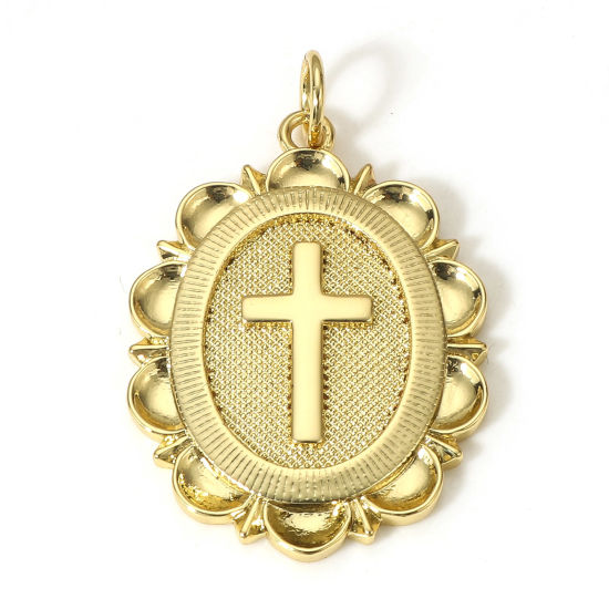 Image de 1 Pièce Breloques Religieux en Laiton Ovale Plaqué Or Véritable 18K Croix 29mm x 18mm