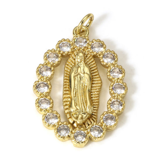 Image de 1 Pièce Breloques Religieux en Laiton Ovale Plaqué Or Véritable 18K Sainte Vierge Marie Creux à Zircone Cubique Clair 29mm x 18mm
