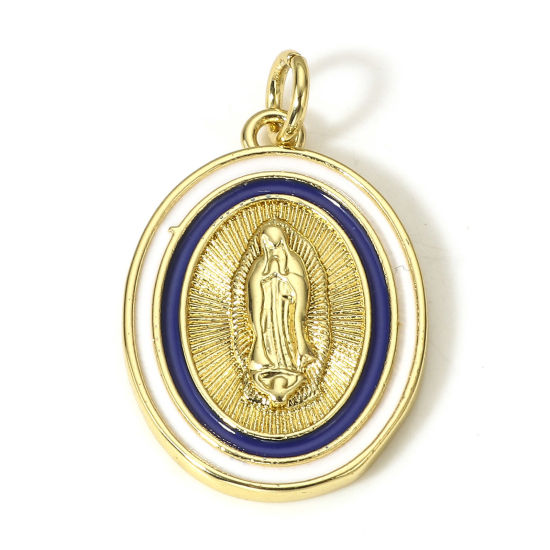 Image de 1 Pièce Breloques Religieux en Laiton Ovale Plaqué Or Véritable 18K Sainte Vierge Marie Émail 26mm x 16mm