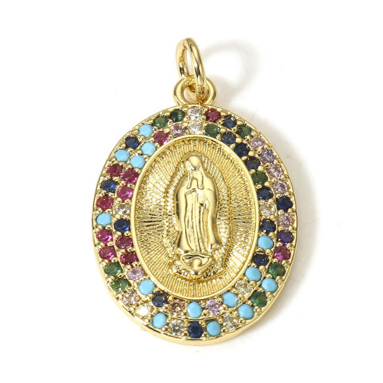 Image de 1 Pièce Breloques Religieux en Laiton Ovale Plaqué Or Véritable 18K Sainte Vierge Marie Micro Pave à Zircone Cubique Multicolore 26mm x 16mm
