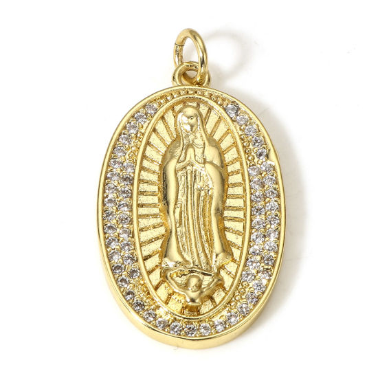 Image de 1 Pièce Pendentifs Religieux en Laiton Ovale Plaqué Or Véritable 18K Sainte Vierge Marie Micro Pave à Zircone Cubique Clair 3cm x 1.6cm