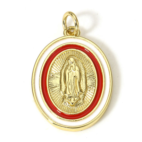Image de 1 Pièce Breloques Religieux en Laiton Ovale Plaqué Or Véritable 18K Sainte Vierge Marie Émail 26mm x 16mm