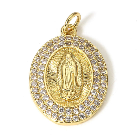 Image de 1 Pièce Breloques Religieux en Laiton Ovale Plaqué Or Véritable 18K Sainte Vierge Marie Micro Pave à Zircone Cubique Clair 26mm x 16mm