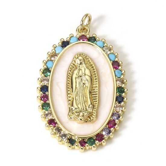 Image de 1 Pièce Pendentifs Religieux en Laiton Ovale Plaqué Or Véritable 18K Sainte Vierge Marie Micro Pave à Zircone Cubique Multicolore 3.6cm x 2.1cm