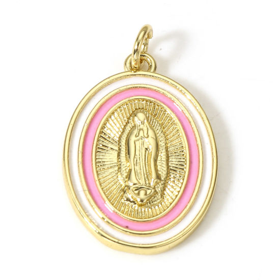 Image de 1 Pièce Breloques Religieux en Laiton Ovale Plaqué Or Véritable 18K Sainte Vierge Marie Émail 26mm x 16mm