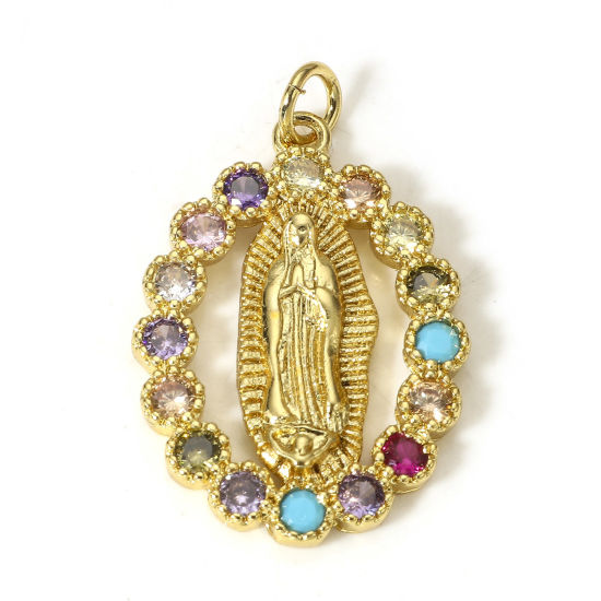 Image de 1 Pièce Breloques Religieux en Laiton Ovale Plaqué Or Véritable 18K Sainte Vierge Marie Creux à Zircone Cubique Multicolore 29mm x 18mm