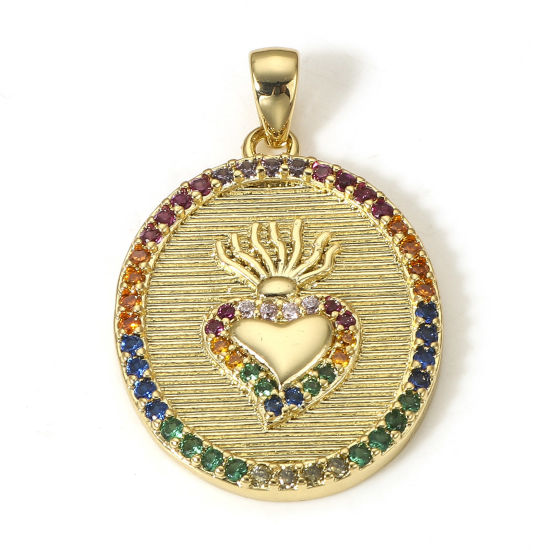 Image de 1 Pièce Pendentif Breloque Religieux en Laiton Rond Plaqué Or Véritable 18K Coeur de Ex-Voto Micro Pave à Zircone Cubique Multicolore 27mm x 18mm