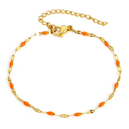 Image de Bracelets En Gros Doré en 304 Acier Inoxydable, Orange Émail Chaîne Maille Lèvres Revêtement sous Vide PVD Respectueux de l'Environnement, aux Femmes Cadeau Fournitures de Bijoux 17.5cm long, 1 Pièce