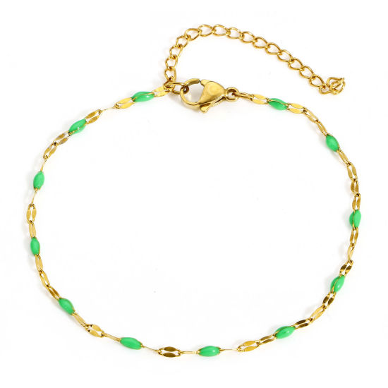 Image de Bracelets En Gros Doré en 304 Acier Inoxydable, Vert Émail Chaîne Maille Lèvres Revêtement sous Vide PVD Respectueux de l'Environnement, aux Femmes Cadeau Fournitures de Bijoux 17.5cm long, 1 Pièce