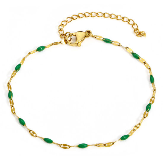 Image de Bracelets En Gros Doré en 304 Acier Inoxydable, Vert Foncé Émail Chaîne Maille Lèvres Revêtement sous Vide PVD Respectueux de l'Environnement, aux Femmes Cadeau Fournitures de Bijoux 17.5cm long, 1 Pièce