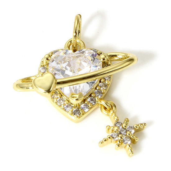 Immagine di 1 Pz Ottone Galassia Charms Pianeta 18K Vero Oro Placcato Cuore Micro Spianare Trasparente Cubic Zirconiae 22mm x 16mm