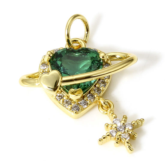 Immagine di 1 Pz Ottone Galassia Charms Pianeta 18K Vero Oro Placcato Verde Cuore Micro Spianare Trasparente Cubic Zirconiae 22mm x 16mm