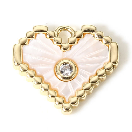 Immagine di 1 Pz Ecologico Conchiglie Naturali & Ottone San Valentino Ciondoli 18K Vero Oro Placcato Bianco Cuore Trasparente Cubic Zirconiae 14mm x 12mm