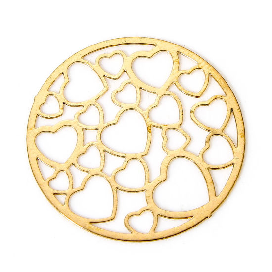 Picture of 10 PCs Iron Based Alloy Filigree Stamping Connectors Charms Pendants KC Gold Plated Round Heart Hollow 19mm Dia.