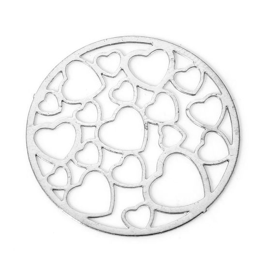 Picture of 10 PCs Iron Based Alloy Filigree Stamping Connectors Charms Pendants Silver Tone Round Heart Hollow 19mm Dia.