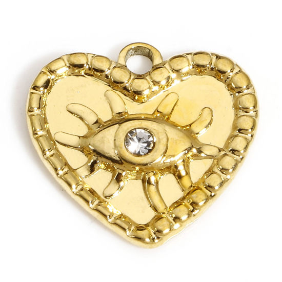 Immagine di 1 Pz Placcatura Sottovuoto PVD Ecologica 304 Acciaio Inossidabile Religione Ciondoli Placcato Oro 18K Cuore Occhio della Provvidenza/ Occhio che Tutto Vede Trasparente Strass 15mm x 14mm
