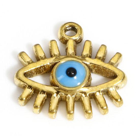 Immagine di 1 Pz Placcatura Sottovuoto PVD Ecologica 304 Acciaio Inossidabile Religione Ciondoli Placcato Oro 18K Blu Malocchio Smalto 13mm x 12.5mm