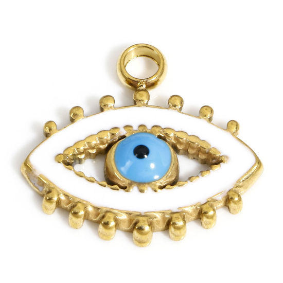 Immagine di 1 Pz Placcatura Sottovuoto PVD Ecologica 304 Acciaio Inossidabile Religione Ciondoli Placcato Oro 18K Bianco & Blu Malocchio Smalto 18mm x 17mm