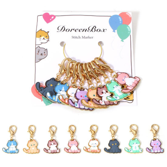 Image de 1 Set ( 8 PCs/Set) Zinc Based Alloy Knitting Stitch Markers Cat Animal KC Gold Plated Multicolor Enamel 4cm x 2cm