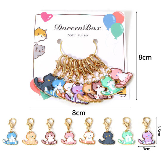 Image de 1 Set ( 8 PCs/Set) Zinc Based Alloy Knitting Stitch Markers Cat Animal KC Gold Plated Multicolor Enamel 4cm x 2cm