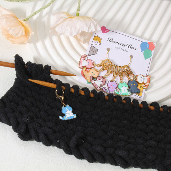 Image de 1 Set ( 8 PCs/Set) Zinc Based Alloy Knitting Stitch Markers Cat Animal KC Gold Plated Multicolor Enamel 4cm x 2cm