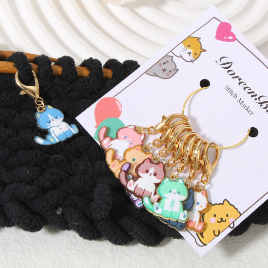 Image de 1 Set ( 8 PCs/Set) Zinc Based Alloy Knitting Stitch Markers Cat Animal KC Gold Plated Multicolor Enamel 4cm x 2cm