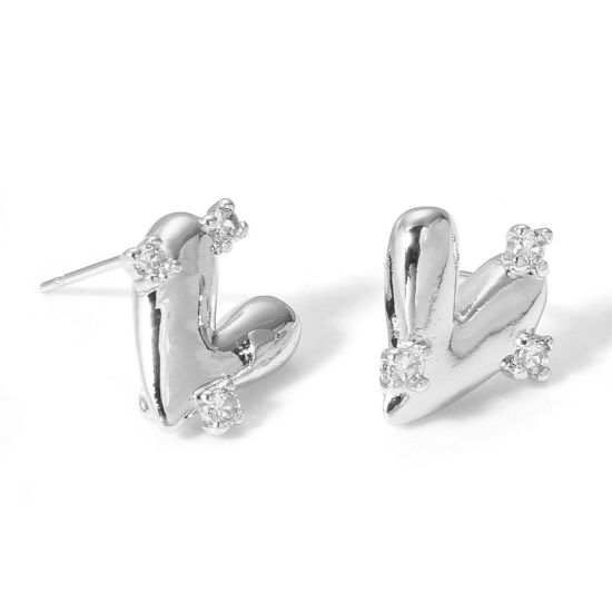 Picture of 2 PCs Brass Couple Ear Post Stud Earrings Real Platinum Plated Heart Clear Cubic Zirconia With Loop 13mm x 13mm, Post/ Wire Size: 0.8mm(20 gauge)