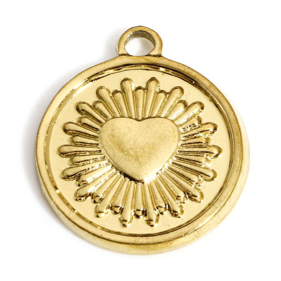 Immagine di 1 Pz Placcatura Sottovuoto PVD Ecologica 304 Acciaio Inossidabile San Valentino Ciondoli Placcato Oro 18K Tondo Disco Cuore 22mm x 19mm