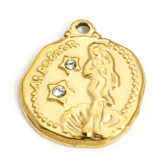 Picture of 1 Piece Eco-friendly PVD Vacuum Plating 304 Stainless Steel Fairy Tale Collection Charms 18K Gold Plated Round Disc Mermaid Clear Rhinestone 19mm x 16mm