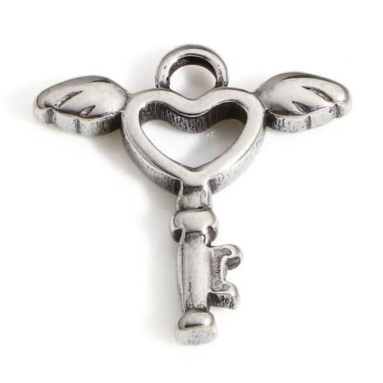 Picture of 1 Piece 304 Stainless Steel Valentine's Day Charms Silver Tone Key Heart 18mm x 18mm