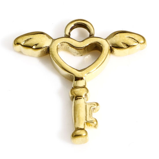 Picture of 1 Piece Eco-friendly PVD Vacuum Plating 304 Stainless Steel Valentine's Day Charms 18K Gold Plated Key Heart 18mm x 18mm