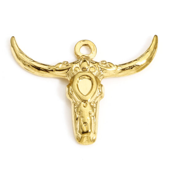 Immagine di 1 Pz Placcatura Sottovuoto PVD Ecologica 304 Acciaio Inossidabile Cowboy dell'Ovest Ciondoli Placcato Oro 18K Testa di Toro/Testa di Mucca 25mm x 21mm