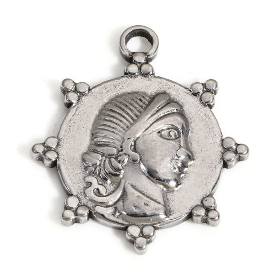 1 個 304ステンレス鋼 チャーム 円形 シルバートーン 美人アバター 23mm x 20mm の画像