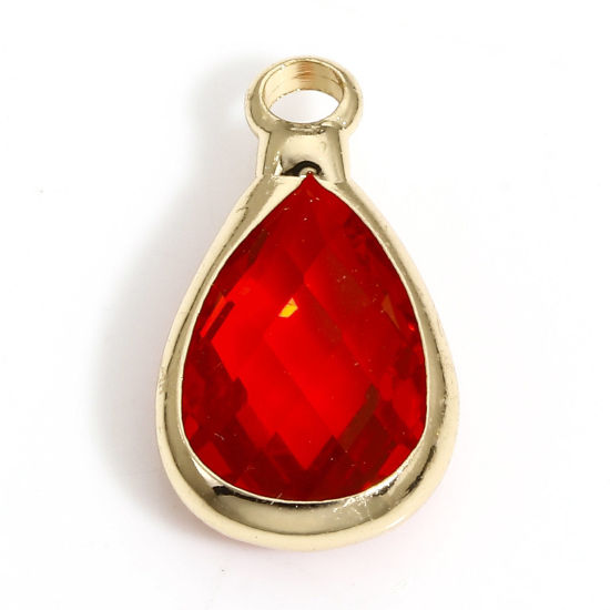 Image de 5 Pcs Breloques Pierres de Naissance en Laiton+Verre Doré Rouge Goutte d'Eau A Facettes 14mm x 8mm
