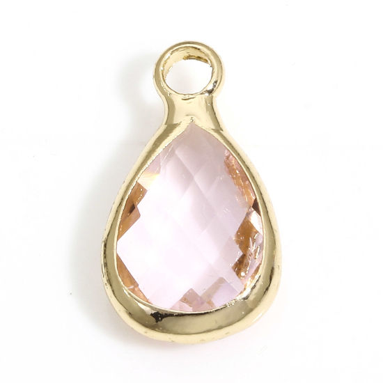 Image de 5 Pcs Breloques Pierres de Naissance en Laiton+Verre Doré Rose Clair Goutte d'Eau A Facettes 14mm x 8mm