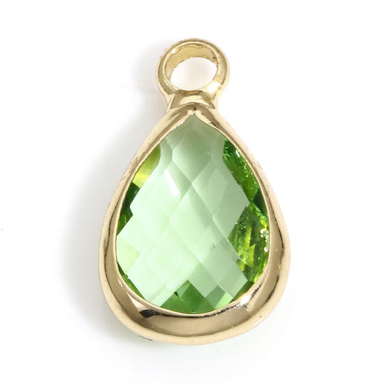 Image de 5 Pcs Breloques Pierres de Naissance en Laiton+Verre Doré Vert Clair Goutte d'Eau A Facettes 14mm x 8mm